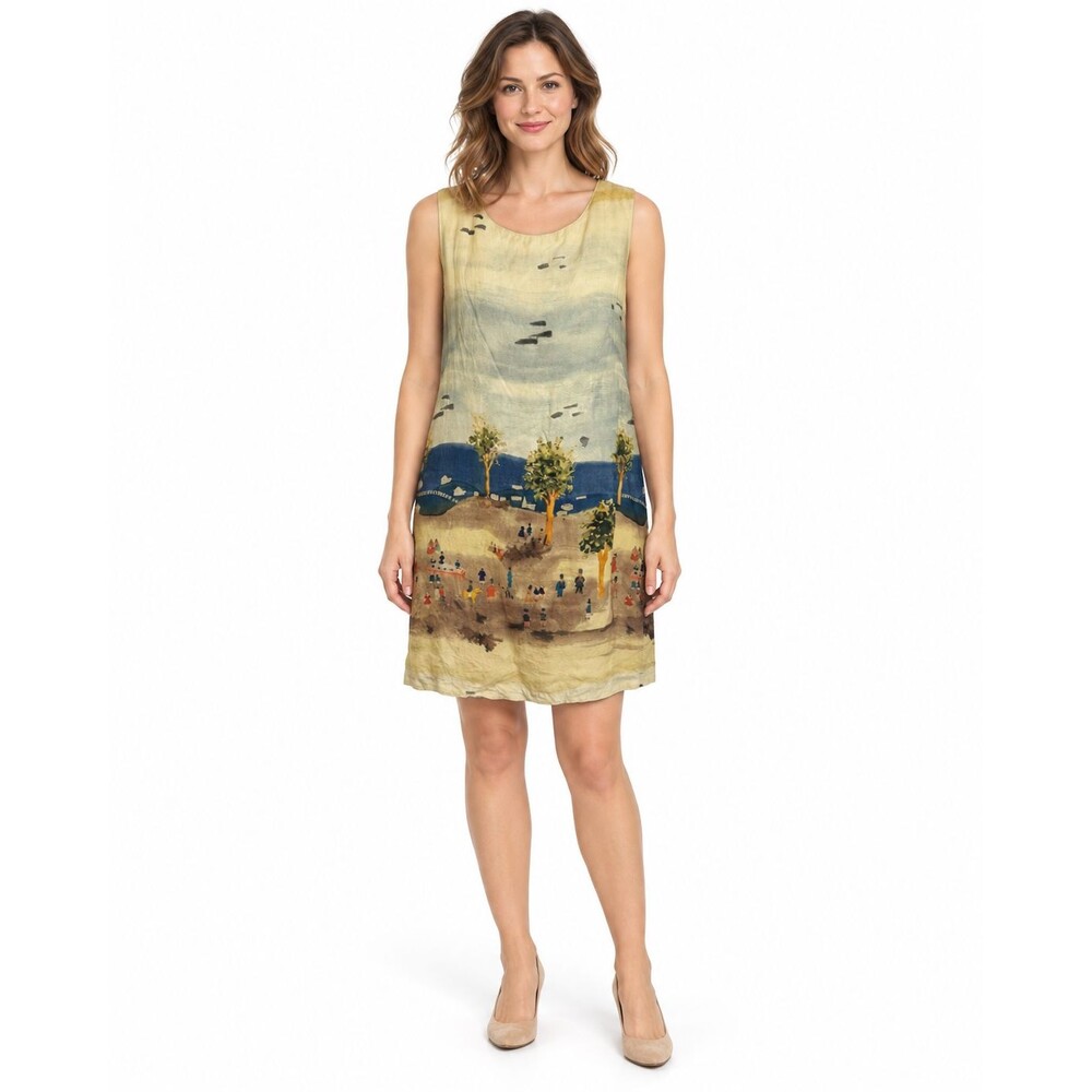 Platinum Dorothy Schoelen Size 14 Scenic Art Print Shift Dress Vtg LIned Yellow
